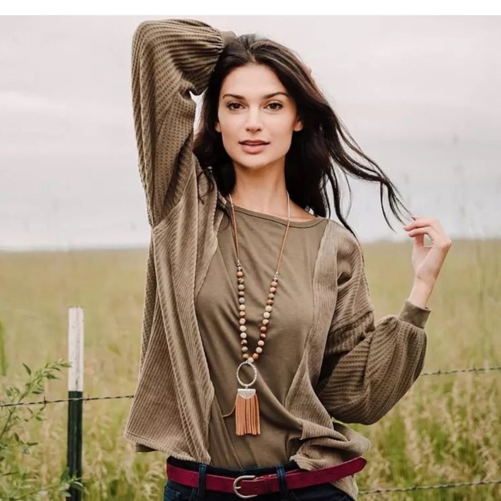 Buckle Khaki and Taupe Blouse